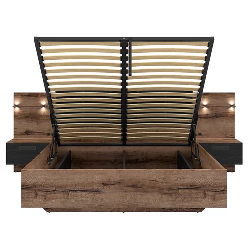Lit Coffre 160x200 + 2 Tables De Chevet éclairage LED Avec Sommier Et Rangement