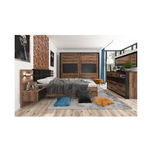 Lit Coffre 160x200 + 2 Tables De Chevet éclairage LED Avec Sommier Et Rangement