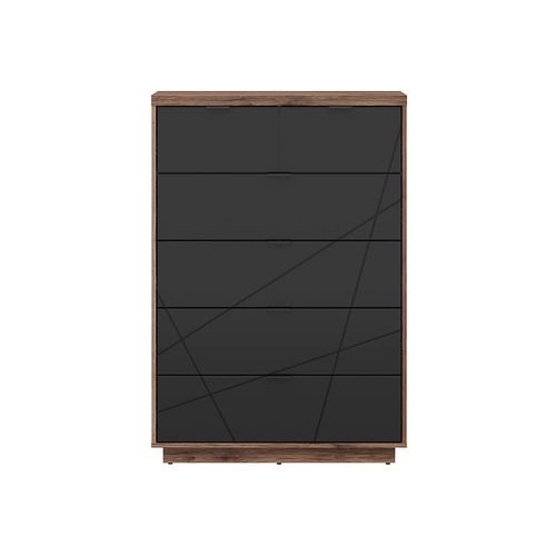 Commode Chiffonnier à 6 Tiroirs , Coloris Chêne Delano / Noir Mat - L. 90 X P. 42,5 X H. 130,5 Cm