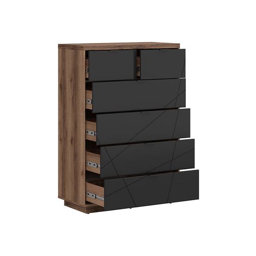 Commode Chiffonnier à 6 Tiroirs , Coloris Chêne Delano / Noir Mat - L. 90 X P. 42,5 X H. 130,5 Cm