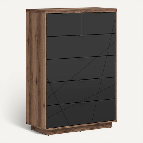 Commode Chiffonnier à 6 Tiroirs , Coloris Chêne Delano / Noir Mat - L. 90 X P. 42,5 X H. 130,5 Cm