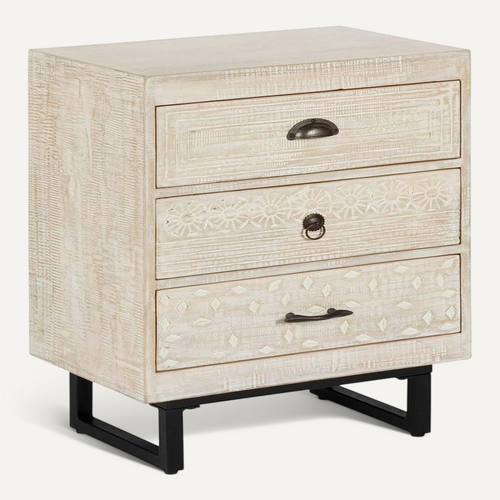 Table De Chevet Table De Nuit De 3 Tiroirs En Bois De Manguier Sculpté Coloris Blanc