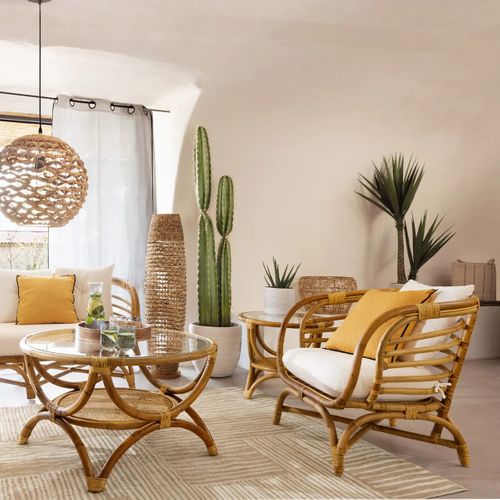 Canapé, Banquette 2 Places En Rotin Coloris Beige / Marron - L. 146.5 X P. 75 X H. 79 Cm