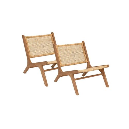 Lot De 2 Fauteuil Chaise En Teck Et Tressage En Rotin - Longueur 65 X Largeur 80 X Hauteur 71 Cm