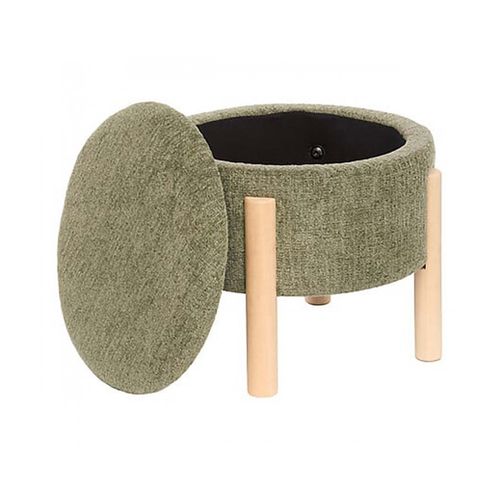 Tabouret Coffre De Rangement Rond En Tissu Chenille Vert Kaki Avec Des Pieds En Bois