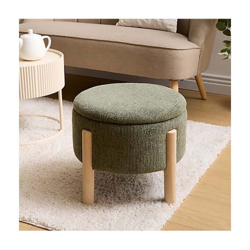 Tabouret Coffre De Rangement Rond En Tissu Chenille Vert Kaki Avec Des Pieds En Bois