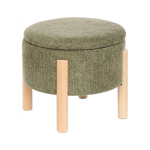 Tabouret Coffre De Rangement Rond En Tissu Chenille Vert Kaki Avec Des Pieds En Bois