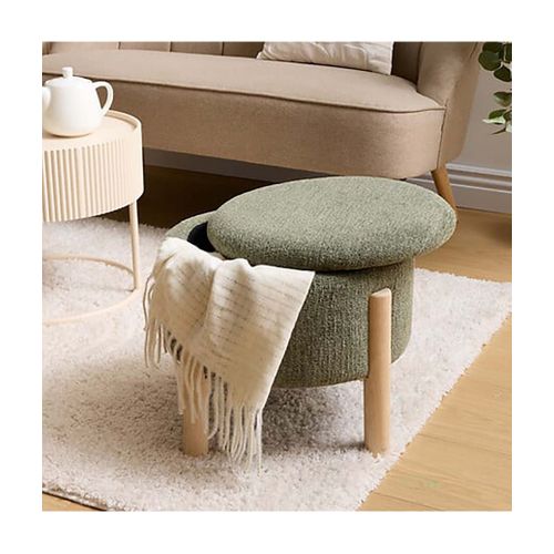 Tabouret Coffre De Rangement Rond En Tissu Chenille Vert Kaki Avec Des Pieds En Bois