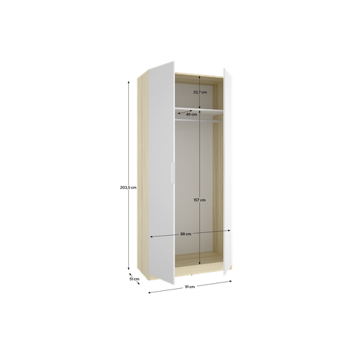 Armoire Placard De Rangement à 2 Portes Battantes Et Tringle, Coloris Blanc/chêne Clair