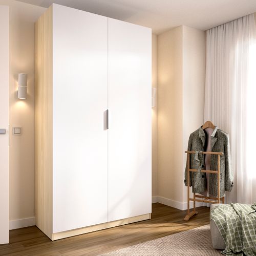 Armoire Placard De Rangement à 2 Portes Battantes Et Tringle, Coloris Blanc/chêne Clair
