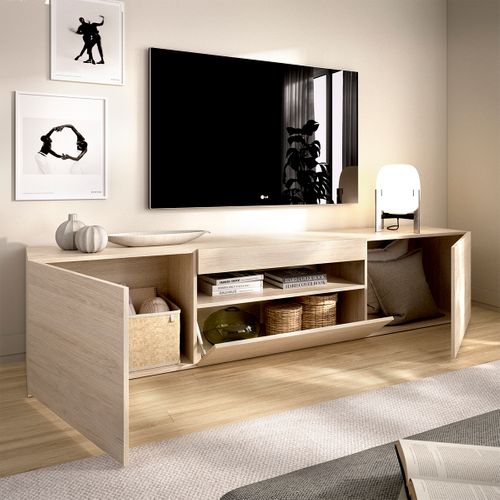 Meuble TV Bas Avec Porte Abattante Et Niche Ouverte, Coloris Naturel - H. 47,5 X L. 200 X P. 42 Cm