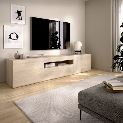 Meuble TV Bas Avec Porte Abattante Et Niche Ouverte, Coloris Naturel - H. 47,5 X L. 200 X P. 42 Cm