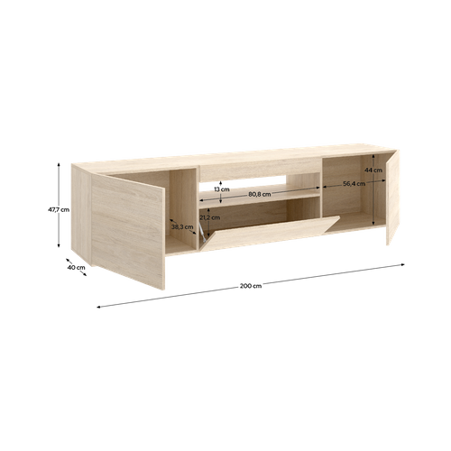Meuble TV Bas Avec Porte Abattante Et Niche Ouverte, Coloris Naturel - H. 47,5 X L. 200 X P. 42 Cm
