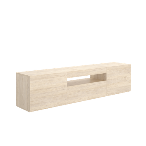 Meuble TV Bas Avec Porte Abattante Et Niche Ouverte, Coloris Naturel - H. 47,5 X L. 200 X P. 42 Cm