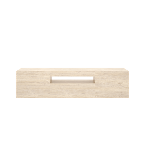Meuble TV Bas Avec Porte Abattante Et Niche Ouverte, Coloris Naturel - H. 47,5 X L. 200 X P. 42 Cm