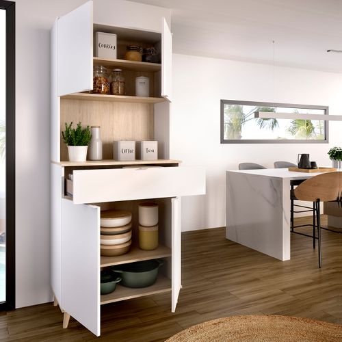 Armoire Buffet De Cuisine à 4 Portes, 1 Tiroir Et 1 Niche Centrale, Coloris Blanc/naturel