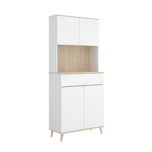 Armoire Buffet De Cuisine à 4 Portes, 1 Tiroir Et 1 Niche Centrale, Coloris Blanc/naturel