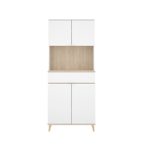 Armoire Buffet De Cuisine à 4 Portes, 1 Tiroir Et 1 Niche Centrale, Coloris Blanc/naturel