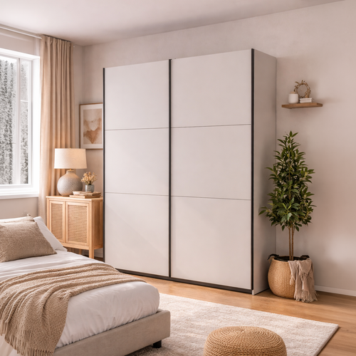 Armoire Placard à 2 Portes Coulissantes Coloris Beige Kashmir - L. 153,5 X P. 60 X H. 195,5 Cm