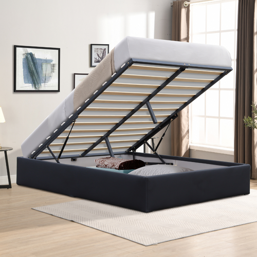 Lit Coffre Déhoussable 120x200 Cm - Noir - Avec Pieds-12 Lattes-revêtement Pvc Simili