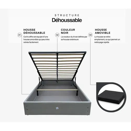 Lit Coffre Déhoussable 120x200 Cm - Noir - Avec Pieds-12 Lattes-revêtement Pvc Simili