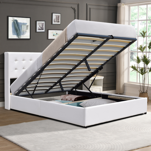 Lit Coffre De Rangement 140x200cm Avec Tête De Lit Capitonnée-14 Lattes-revêtement Pvc