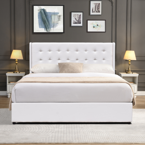 Lit Coffre De Rangement 140x200cm Avec Tête De Lit Capitonnée-14 Lattes-revêtement Pvc