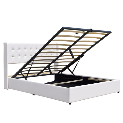 Lit Coffre De Rangement 140x200cm Avec Tête De Lit Capitonnée-14 Lattes-revêtement Pvc