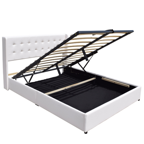 Lit Coffre De Rangement 140x200cm Avec Tête De Lit Capitonnée-14 Lattes-revêtement Pvc