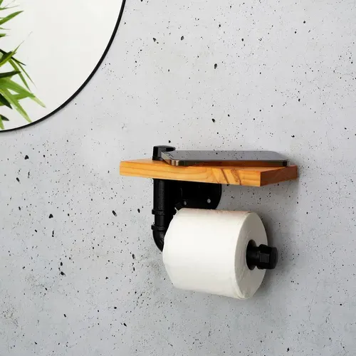Dérouleur Papier Wc En Bois De Pin Et Métal - Marron Et Noir