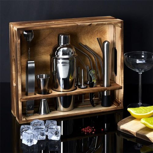 Set à Cocktail Avec 15 Accessoires En Acier Inoxydable Et Un Support En Bois De Pin