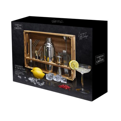 Set à Cocktail Avec 15 Accessoires En Acier Inoxydable Et Un Support En Bois De Pin