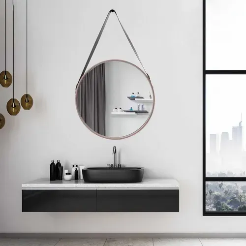 Miroir Rond à Suspendre Avec Une Anse - Diam. 50 Cm. - Beige
