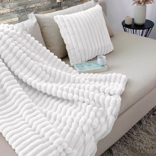 Plaid Sela Imitiation Fourrure Côtélée Et Flanelle - 150 X 125 Cm - Blanc