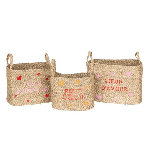 Lot De 3 Paniers En Osier Assortis Motifs Cœur - Beige