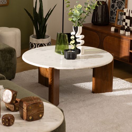 Table Basse Ronde En Marbre Et Bois Massif Nanda - Blanc