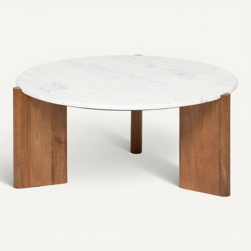 Table Basse Ronde En Marbre Et Bois Massif Nanda - Blanc