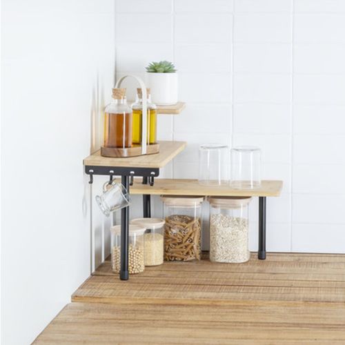 étagère D'angle 3 Niveaux En Bambou Et Inox - Beige Et Noir