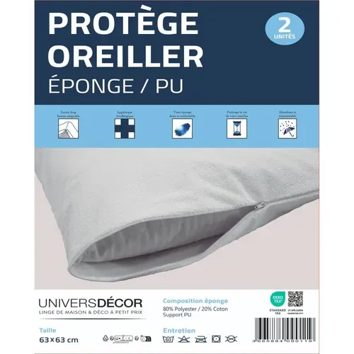 Lot De 2 Protège Oreiller éponge Imperméable Absorbant 63 X 63 Cm - Blanc - 63x63 Cm