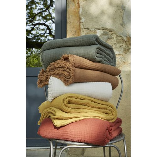 Plaid à Franges "gaïa" "gaze De Coton" - Terracotta - 180x220 Cm