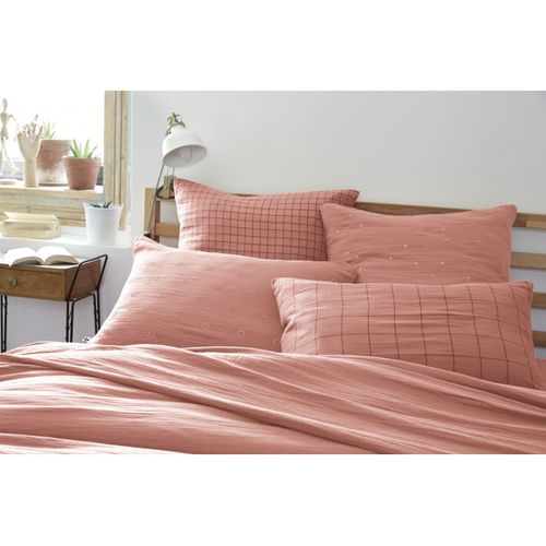 Taie D'oreiller Petits Carreaux Déco "gaïa Mix "gaze De Coton" - Rose - 50x70 Cm