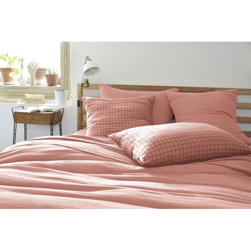 Taie D'oreiller Petits Carreaux Déco "gaïa Mix "gaze De Coton" - Rose - 50x70 Cm