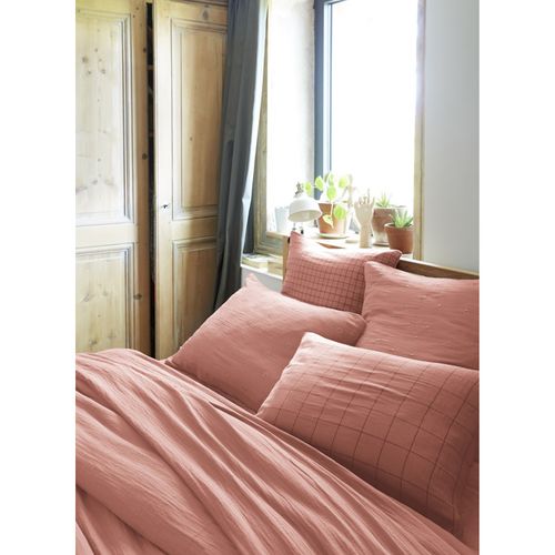 Taie D'oreiller Petits Carreaux Déco "gaïa Mix "gaze De Coton" - Rose - 50x70 Cm