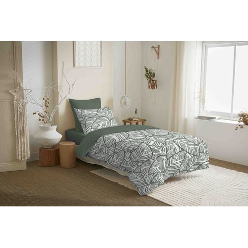 Pack Complet Housse De Couette Réversible "vanessa" 4 Pièces Fira Romarin - Vert Foncé - 90x190 Cm