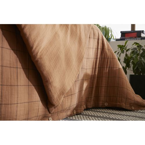 Housse De Couette Réversible "gaïa Match" Grands Carreaux "gaze De Coton" - Marron - 240x220 Cm