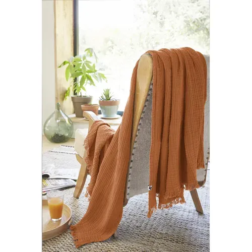 Plaid à Franges "gaïa" "gaze De Coton" - Orange - 130x160 Cm