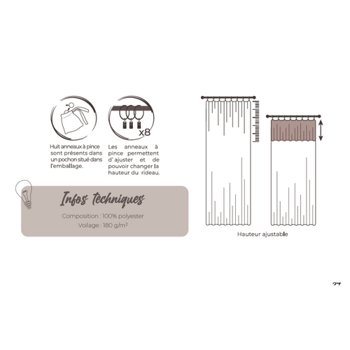 Lot De 2 Voilages Ajustables + 8 Anneaux Pince Polyester Effet Lin "nia" - Kaki - 2x140x270 Cm