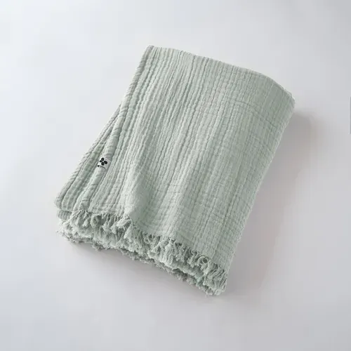 Plaid À Franges 130 X 160 Cm – Double Gaze De Coton – Gaïa Eucalyptus
