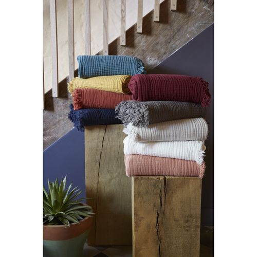 Plaid À Franges 130 X 160 Cm – Double Gaze De Coton – Gaïa Eucalyptus