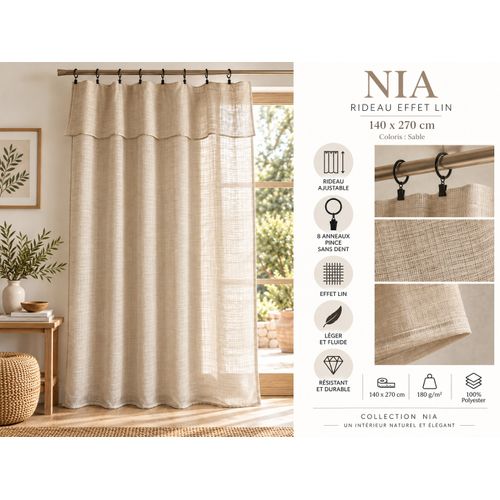 Rideau Ajustable + 8 Anneaux Pince 140 X 270 Cm Polyester Effet Lin Nia Sable